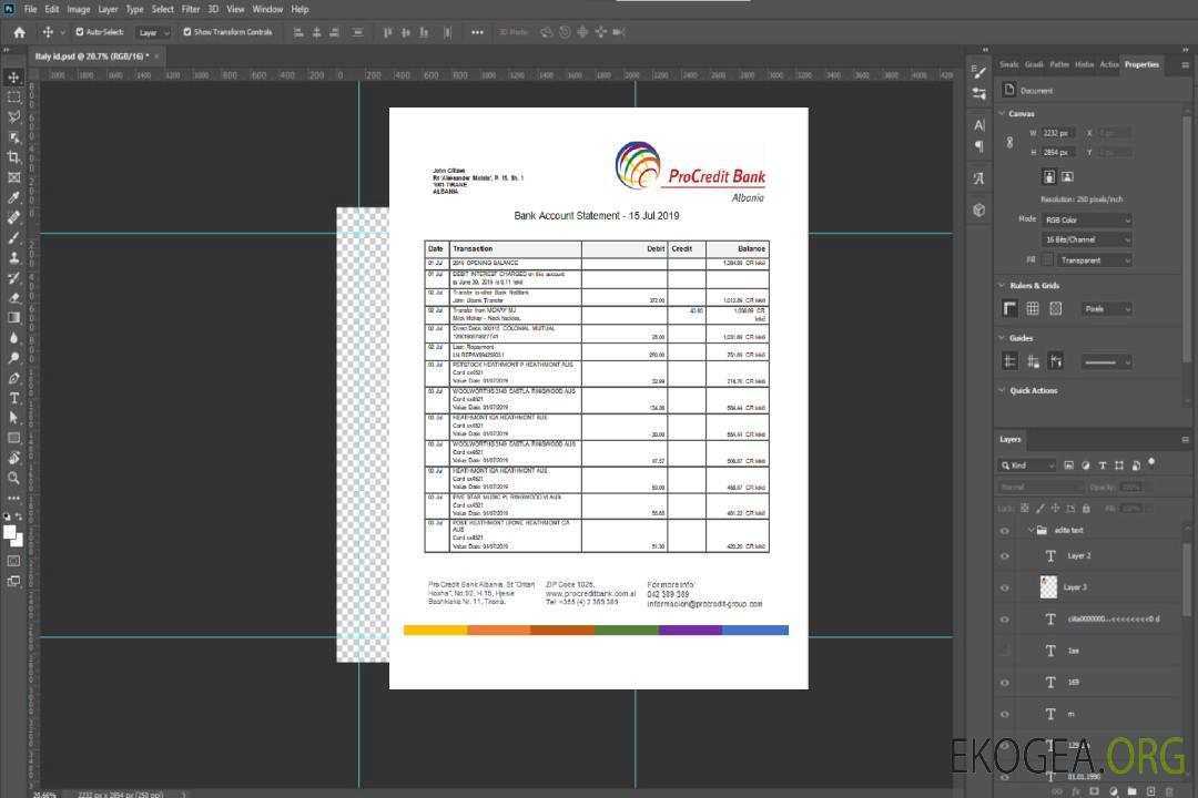 Relevé de la banque Prokredit d'Albanie template Relevé de la banque Prokredit d'Albanie template